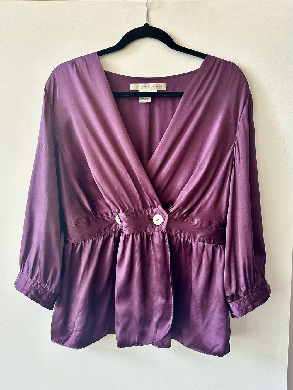 Studio M Plum 100% Silk Wrap-Style Y2K Blouse with Shell Button Accent